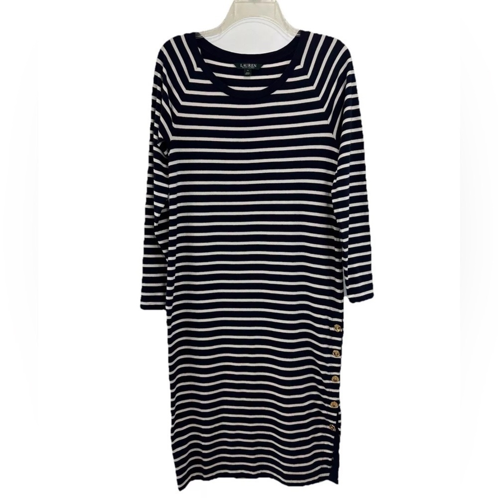 Ralph Lauren Midi Side Button Dress Size Small Long Sleeve White Navy Striped